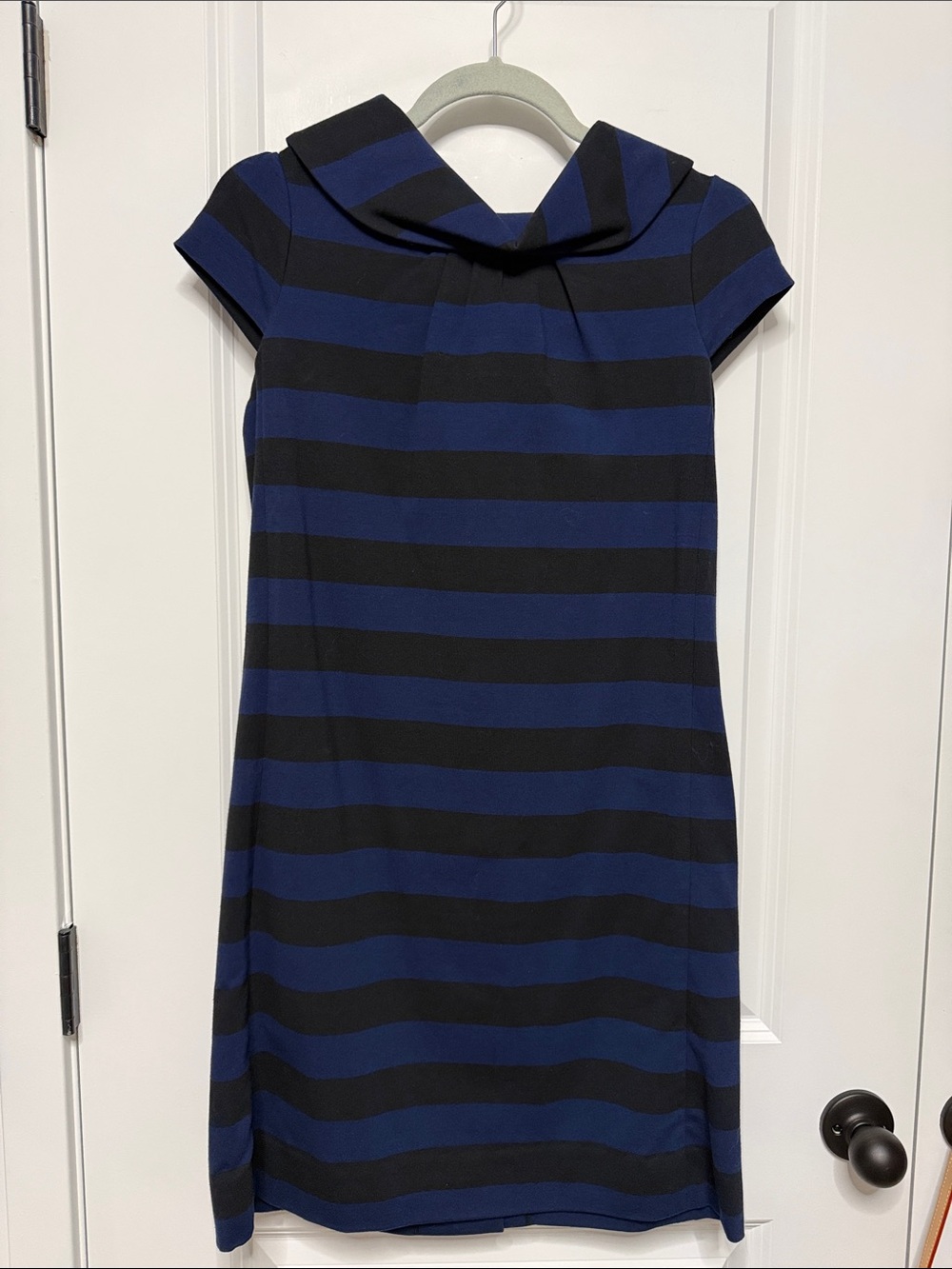 kate spade Black and Blue Striped Cap-Sleeve Mini Dress with Folded Neckline
